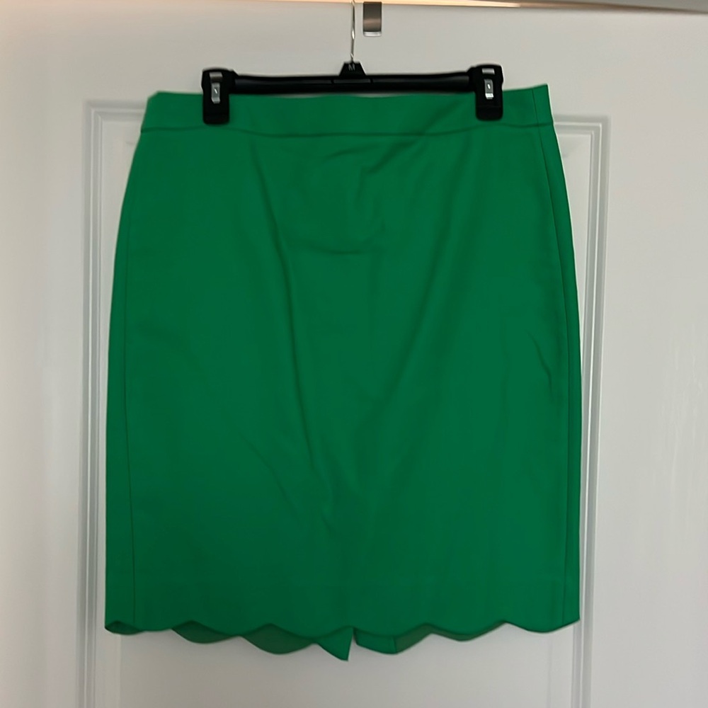 J. Crew Green Mini Pencil Skirt with Scalloped Hem